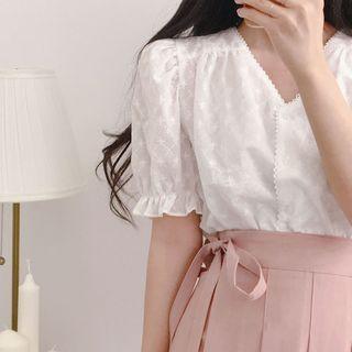 Short-sleeve Eyelet V-neck Blouse