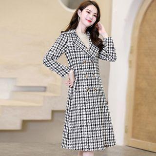 Long Double Breasted Houndstooth Tweed Coat