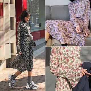 Accordion-pleated Floral Long Chiffon Dress