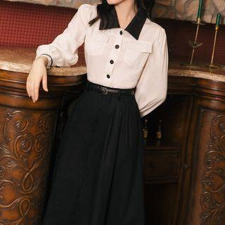 Set: Long-sleeve Two-tone Blouse + Midi A-line Skirt