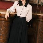 Set: Long-sleeve Two-tone Blouse + Midi A-line Skirt