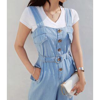 Button-detail Denim Suspender Pants With Belt Blue - One Size