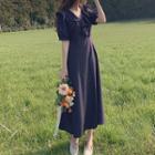 Short-sleeve Ruffle Trim Dotted Midi A-line Dress