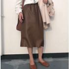 Drawstring Midi A-line Faux Leather Skirt