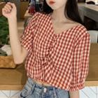 Shirred Check Short-sleeve Cropped Blouse