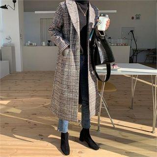 One-button Long Glen-plaid Coat Brown - One Size