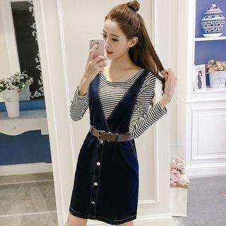 Set: Long Sleeve Striped T-shirt + V-neck Denim Jumper Dress