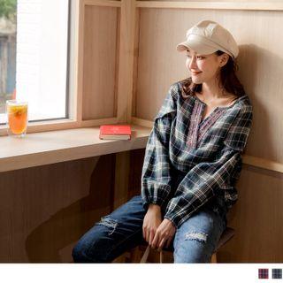 Embroidered Trim V-neck Plaid Top