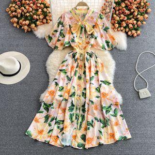 Bell Sleeve Bow Neck Floral Print Maxi Dress