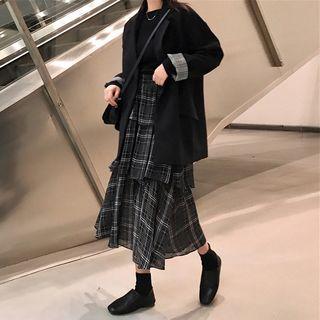 Drop-shoulder Cuffed Blazer / Mesh A-line Skirt