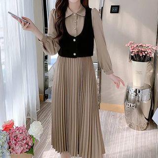 Pleated Midi A-line Shirtdress / Cropped Vest / Set