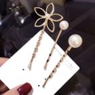 Set: Floral / Faux Pearl Hair Pin Set Of 3 - Gold - One Size