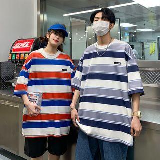 Elbow Sleeve Round-neck Striped T-shirt