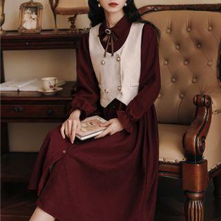 Set: Long-sleeve Tie-neck Button-up Midi A-line Dress + Double-breasted Vest