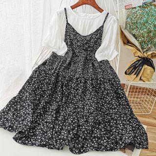 Set: Puff-sleeve Blouse + Floral Print Strappy Dress