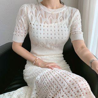 Set: Short-sleeve Eyelet Knit Midi Dress + Spaghetti Strap Plain Mini Dress