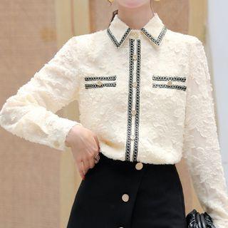 Tweed Trim Collared Lace Blouse