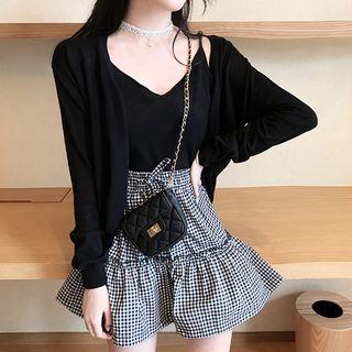 Plain Cardigan / Spaghetti Strap Top / Plaid A-line Mini Skirt