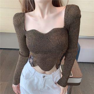 Long-sleeve Lace Panel Knit Asymmetric Crop Top