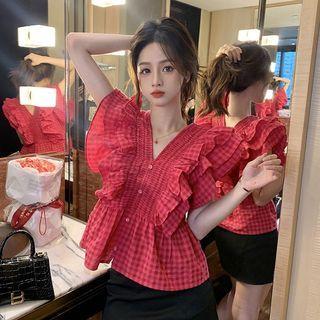 Cap-sleeve Plaid Blouse Plaid - Rose Pink - One Size