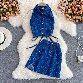 Set: Sleeveless Heart Denim Top + Mini A-line Skirt