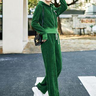 Set: Applique Hooded Zip Jacket + Drawstring Straight Leg Pants