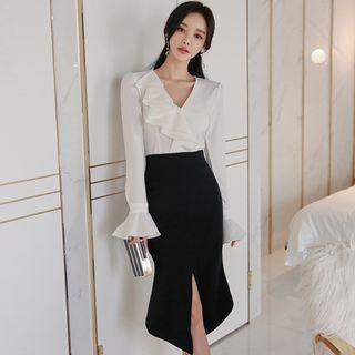 Bell-sleeve Ruffled Blouse / Slit Midi Pencil Skirt