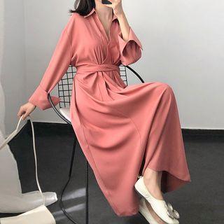 Long-sleeve Twisted Midi Shirt Dress