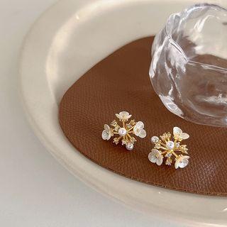 Flower Rhinestone Shell Alloy Earring 1 Pair - Gold & White - One Size