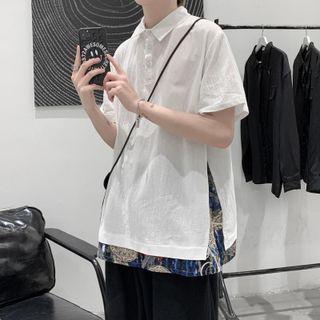 Elbow-sleeve Mock Two-piece Print Trim Polo Shirt