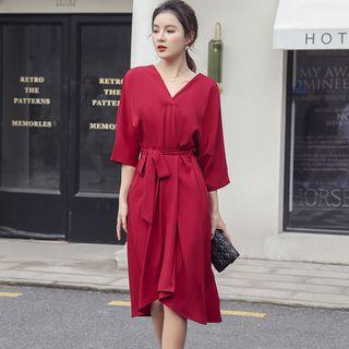 Elbow-sleeve Sashed Midi Dress