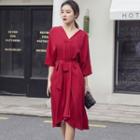 Elbow-sleeve Sashed Midi Dress