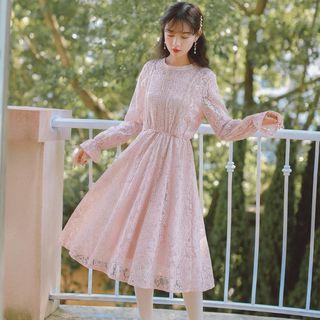 Long-sleeve Crewneck Lace Dress