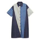 Short-sleeve Patch Work Shirt Dress Blue & Beige - One Size