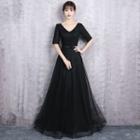 V-neck Elbow-sleeve Evening Gown