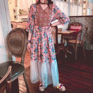 Patterned Balloon-sleeve Mesh Hem Maxi A-line Dress