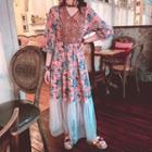 Patterned Balloon-sleeve Mesh Hem Maxi A-line Dress
