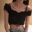 Short-sleeve Frill Trim Drawcord Crop Top Black - One Size