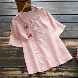 Short-sleeve Frog Buttoned Embroidered Top