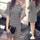 Ruffled Elbow-sleeve Striped Mini T-shirt Dress
