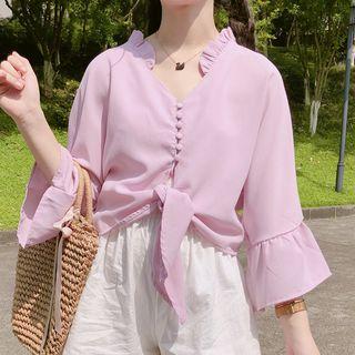 3/4-sleeve Notch Neck Chiffon Top