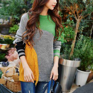 Tasseled Color Block Sweater
