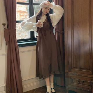 Shirred Blouse / Corduroy Midi Jumper Dress