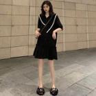 Elbow-sleeve Ruffle Trim Mini Dress Black - One Size