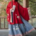 Hanfu Set Of 2 : Stand-collar Embroidered Long-sleeve Long Top + Semi-body Embroidered Maxi Skirt