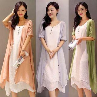 Set: Linen Buttoned Long Light Jacket + Sleeveless Midi A-line Dress
