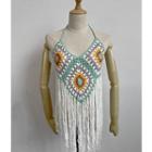 Fringed Crochet Knit Camisole Top Yellow & Green & Purple - One Size