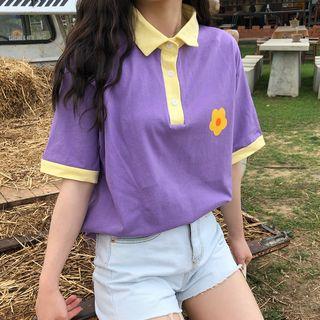 Elbow-sleeve Flower Print Contrast Trim Polo Shirt Violet - One Size