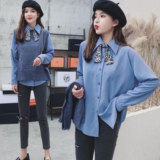 Set: Tie-neck Shirt + Slit-side Knit Vest
