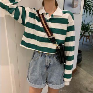 Long-sleeve Striped Crop Polo Shirt